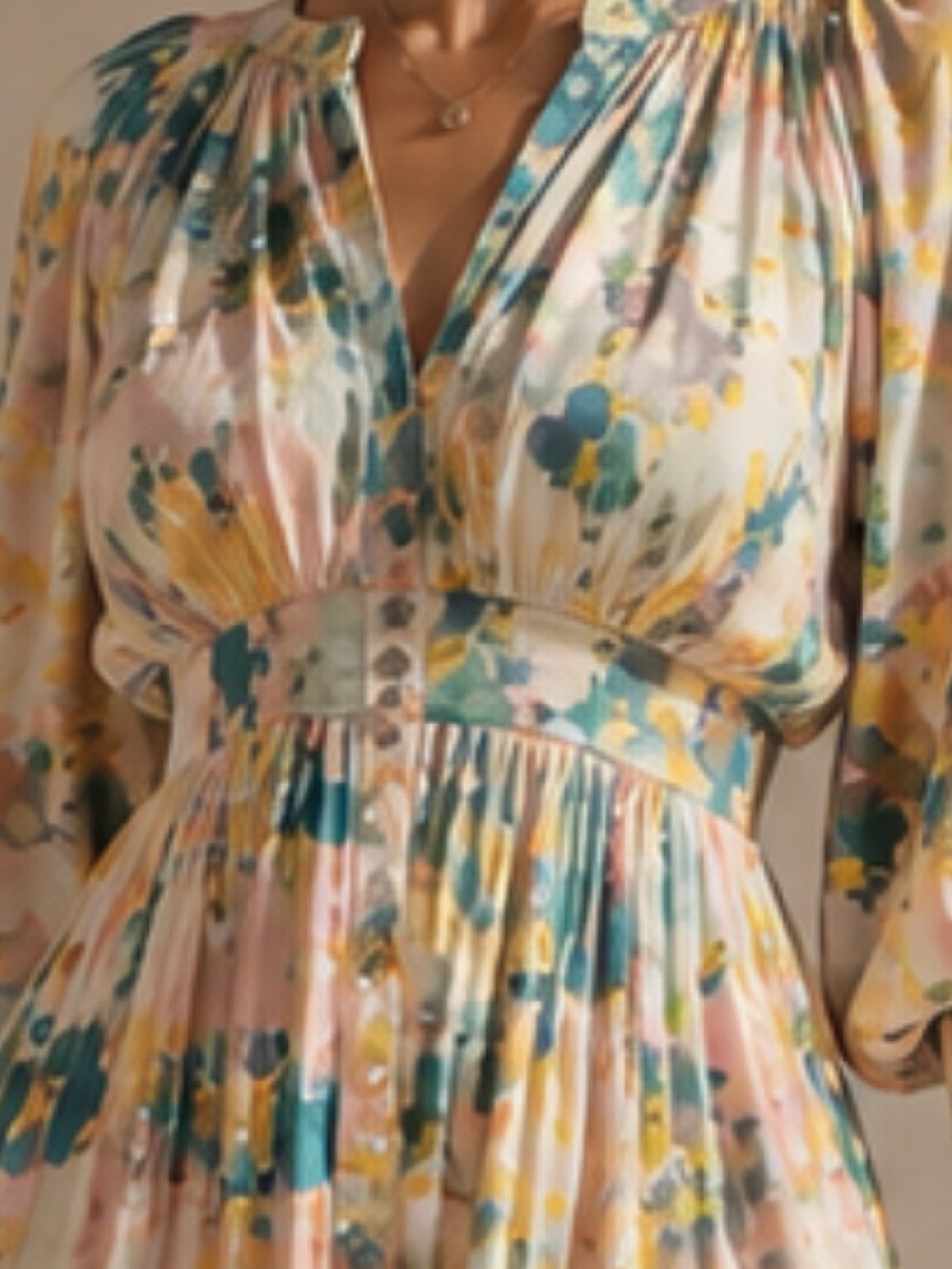 Floral Pleated V-Neck Midi Dress in Pastel Multi